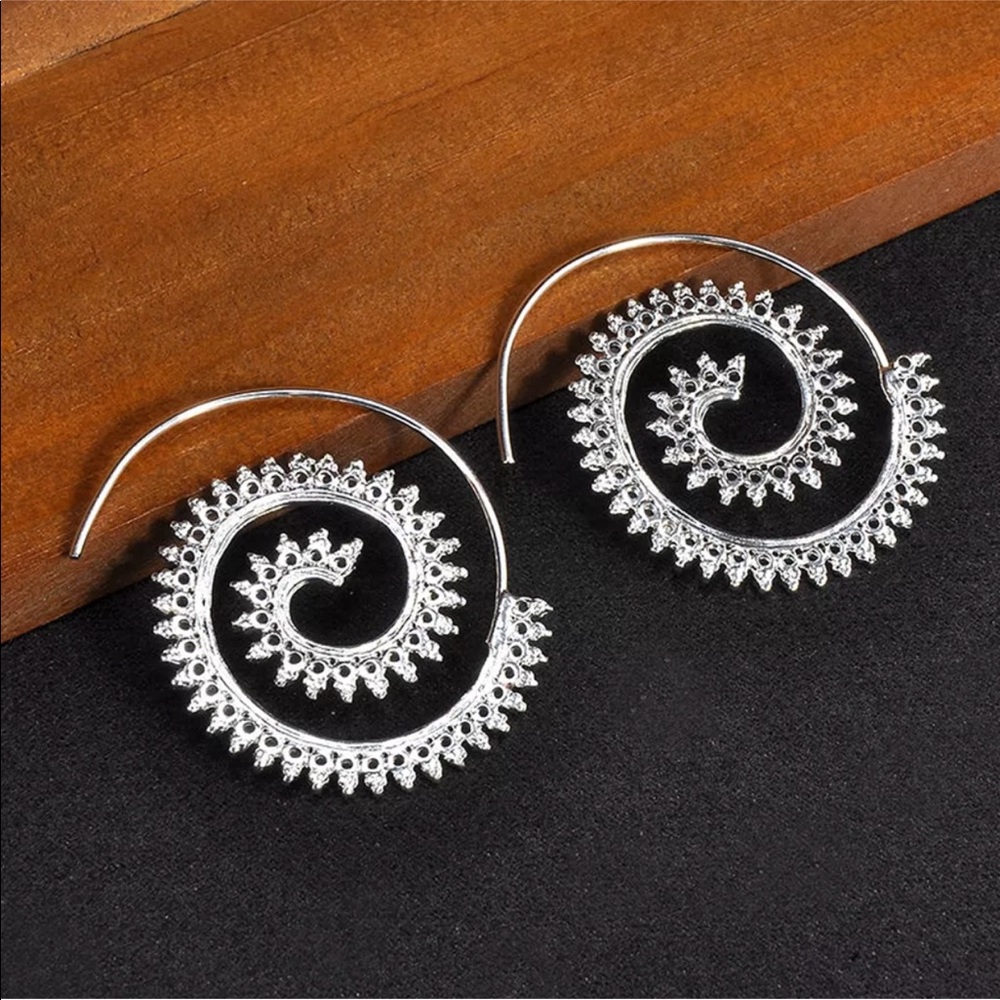 925 Silver Round Spiral Hoop Dangle Earrings - Picture 4 of 5